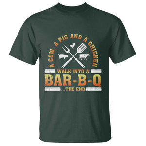 Funny BBQ Lover T Shirt A Cow A Pig And A Chicken Walk Into A Bar B Q Barbecue Pitmaster TS09 Dark Forest Green Print Your Wear
