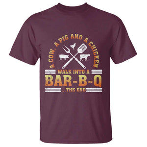 Funny BBQ Lover T Shirt A Cow A Pig And A Chicken Walk Into A Bar B Q Barbecue Pitmaster TS09 Maroon Print Your Wear