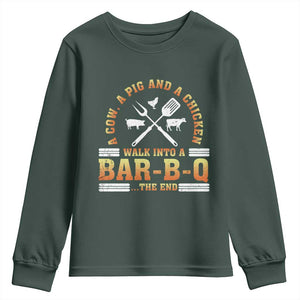 Funny BBQ Lover Youth Sweatshirt A Cow A Pig And A Chicken Walk Into A Bar B Q Barbecue Pitmaster TS09 Dark Forest Green Print Your Wear