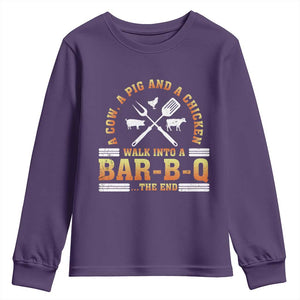 Funny BBQ Lover Youth Sweatshirt A Cow A Pig And A Chicken Walk Into A Bar B Q Barbecue Pitmaster TS09 Purple Print Your Wear