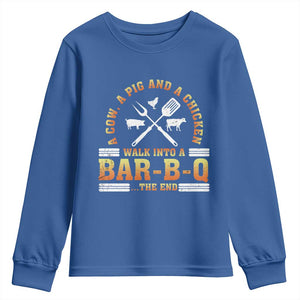 Funny BBQ Lover Youth Sweatshirt A Cow A Pig And A Chicken Walk Into A Bar B Q Barbecue Pitmaster TS09 Royal Blue Print Your Wear