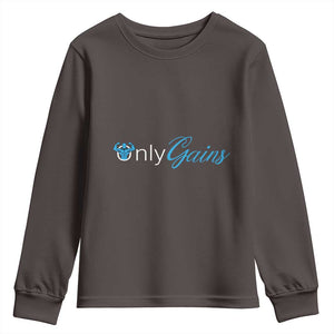 Funny Gymer Youth Sweatshirt Only Gains Fitness TS09 Dark Chocolate Print Your Wear