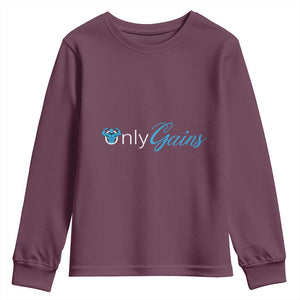 Funny Gymer Youth Sweatshirt Only Gains Fitness TS09 Maroon Print Your Wear
