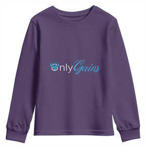 Funny Gymer Youth Sweatshirt Only Gains Fitness TS09 Purple Print Your Wear