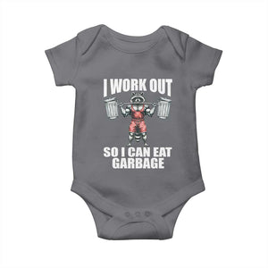 Funny Workout Baby Onesie I Work Out So I Can Eat Garbage Raccoon TS09 Charcoal Print Your Wear
