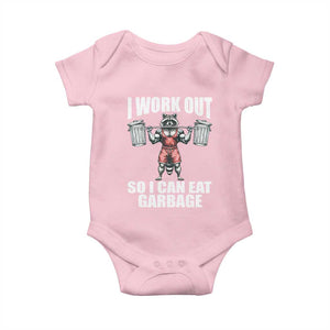 Funny Workout Baby Onesie I Work Out So I Can Eat Garbage Raccoon TS09 Light Pink Print Your Wear