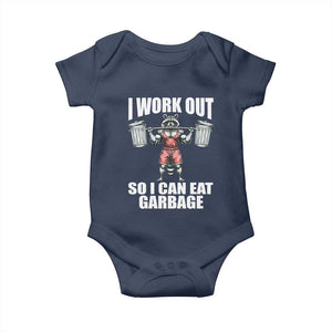 Funny Workout Baby Onesie I Work Out So I Can Eat Garbage Raccoon TS09 Navy Print Your Wear