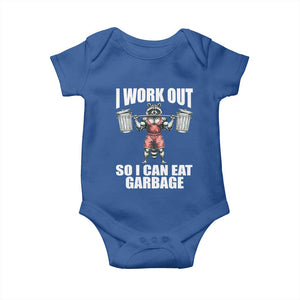 Funny Workout Baby Onesie I Work Out So I Can Eat Garbage Raccoon TS09 Royal Blue Print Your Wear
