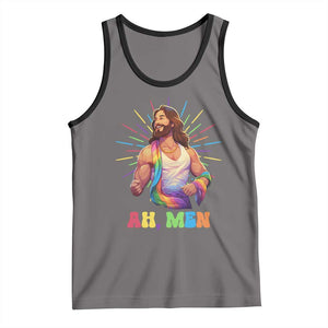 Ah Men Funny LGBT Gay Pride Jesus Rainbow Flag Christian Tank Top TS09 Deep Heather Black Print Your Wear