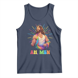 Ah Men Funny LGBT Gay Pride Jesus Rainbow Flag Christian Tank Top TS09 Navy Print Your Wear