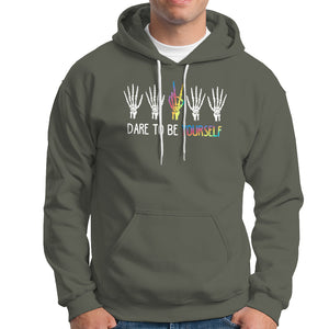LGBT Pride Hoodie Dare To Be Yourself Skeleton Hand Rainbow TS09 Military Green Printyourwear