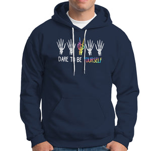 LGBT Pride Hoodie Dare To Be Yourself Skeleton Hand Rainbow TS09 Navy Printyourwear