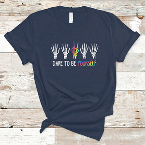 LGBT Pride T Shirt Dare To Be Yourself Skeleton Hand Rainbow TS09 Navy Printyourwear