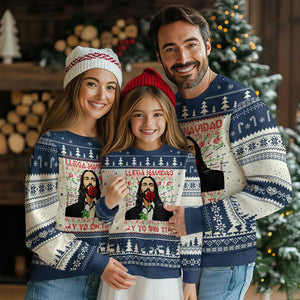 Funny Mexico Xmas Ugly Christmas Sweater Llega Navidad Y Yo Sin Ti Mexican Pop Star TS09 Navy Print Your Wear