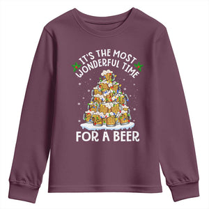 Funny Beer Christmas Tree Youth Sweatshirt It's the Most Wonderful Time For A Beer TS09 Maroon Print Your Wear