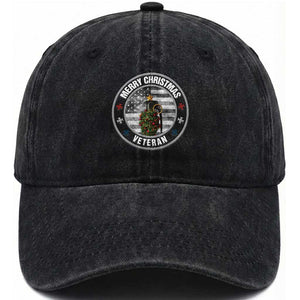 Merry Xmas Veteran Washed Cotton Baseball Cap Grenade Christmas Tree America Flag Patriotic TS09 Washed Cap Universal Fit Black Print Your Wear