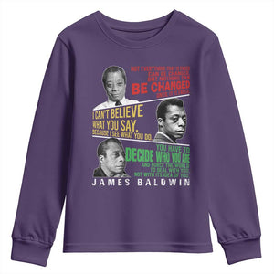 James Baldwin Youth Sweatshirt Famous Quotes Nothing Can Be Changed Until It Is Faced TS09 Purple Print Your Wear