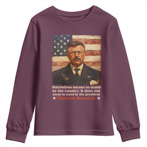 Theodore Roosevelt Youth Sweatshirt Patriotism Means To Stand By The Country It Does Not Mean To Stand By The President TS09 Maroon Print Your Wear
