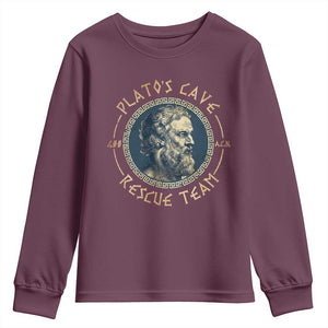 Greek Philosophy Plato Youth Sweatshirt Platos Cave Rescue Team TS09 Maroon Print Your Wear