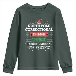 Funny Christmas Family Matching Youth Sweatshirt North Pole Correctional Trespassing TS09 Dark Forest Green Print Your Wear