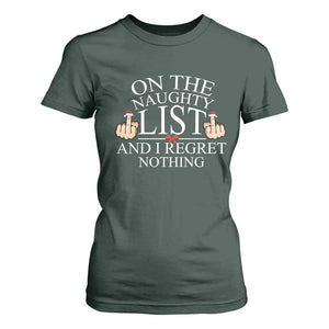 Funny Christmas T Shirt For Women On The List Of Naughty And I Regret Nothing Middle Finger TS09 Dark Forest Green Print Your Wear