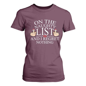Funny Christmas T Shirt For Women On The List Of Naughty And I Regret Nothing Middle Finger TS09 Maroon Print Your Wear