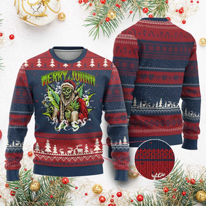 Funny Weed Xmas Ugly Christmas Sweater Merry Juana Santa Skeleton 420 TS09 Burgundy Print Your Wear
