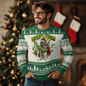 Funny Weed Xmas Ugly Christmas Sweater Merry Juana Santa Skeleton 420 TS09 Green Print Your Wear
