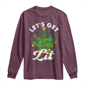 Funny Weed Christmas Long Sleeve Shirt Let's Get Lit Christmas Tree Cannabis TS09 Maroon Print Your Wear