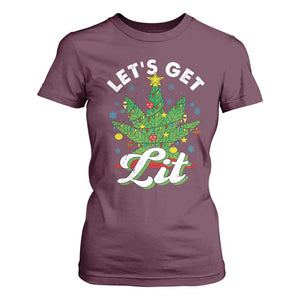 Funny Weed Christmas T Shirt For Women Let's Get Lit Christmas Tree Cannabis TS09 Maroon Print Your Wear