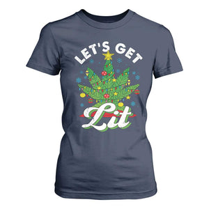 Funny Weed Christmas T Shirt For Women Let's Get Lit Christmas Tree Cannabis TS09 Navy Print Your Wear