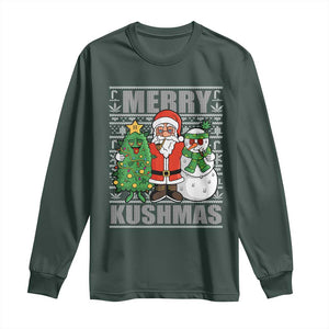 Funny Weed Christmas Long Sleeve Shirt Merry Kushmas Naughty Santa Snowman Cannabis 420 TS09 Dark Forest Green Print Your Wear