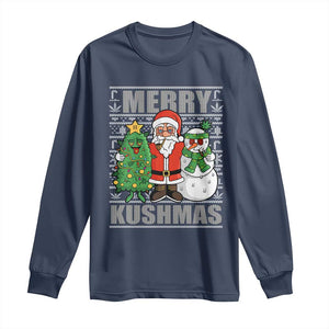 Funny Weed Christmas Long Sleeve Shirt Merry Kushmas Naughty Santa Snowman Cannabis 420 TS09 Navy Print Your Wear
