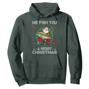 Xmas Fishing Hoodie We Fish You A Merry Christmas Santa Fisherman TS09 Dark Forest Green Print Your Wear