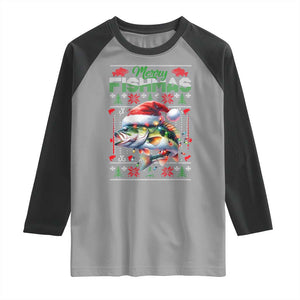Christmas Fishing Raglan Shirt Merry Fishmas Fisherman Santa Hat Fish TS09 Sport Gray Black Print Your Wear