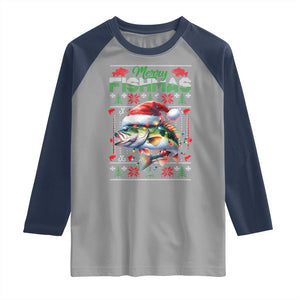 Christmas Fishing Raglan Shirt Merry Fishmas Fisherman Santa Hat Fish TS09 Sport Gray Navy Print Your Wear