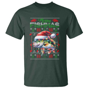 Christmas Fishing T Shirt Merry Fishmas Fisherman Santa Hat Fish TS09 Dark Forest Green Print Your Wear