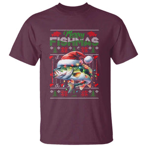 Christmas Fishing T Shirt Merry Fishmas Fisherman Santa Hat Fish TS09 Maroon Print Your Wear