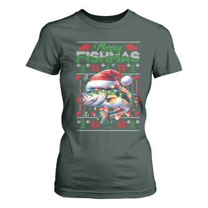 Christmas Fishing T Shirt For Women Merry Fishmas Fisherman Santa Hat Fish TS09 Dark Forest Green Print Your Wear