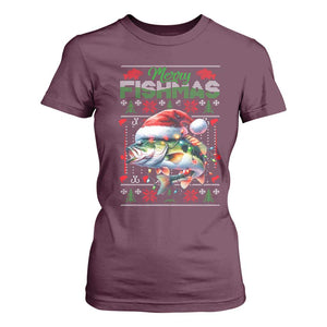 Christmas Fishing T Shirt For Women Merry Fishmas Fisherman Santa Hat Fish TS09 Maroon Print Your Wear