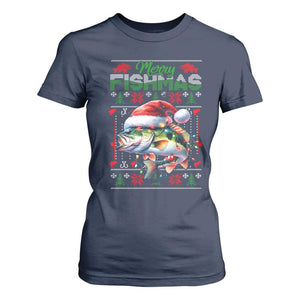 Christmas Fishing T Shirt For Women Merry Fishmas Fisherman Santa Hat Fish TS09 Navy Print Your Wear