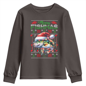Christmas Fishing Youth Sweatshirt Merry Fishmas Fisherman Santa Hat Fish TS09 Dark Chocolate Print Your Wear