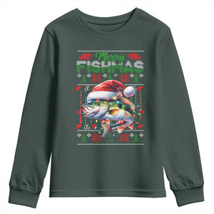 Christmas Fishing Youth Sweatshirt Merry Fishmas Fisherman Santa Hat Fish TS09 Dark Forest Green Print Your Wear