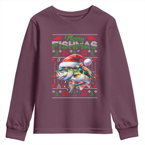 Christmas Fishing Youth Sweatshirt Merry Fishmas Fisherman Santa Hat Fish TS09 Maroon Print Your Wear