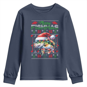 Christmas Fishing Youth Sweatshirt Merry Fishmas Fisherman Santa Hat Fish TS09 Navy Print Your Wear