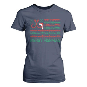 Christmas Fishing T Shirt For Women Merry Fishmas Fisherman American Flag TS09 Navy Print Your Wear