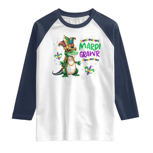 Mardi Grawr Gras Cute Bead Dinosaur Raglan Shirt TS09 White Navy Print Your Wear