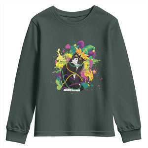 Mardi Gras Funny Tuxedo Cat Meme Beads Youth Sweatshirt TS09 Dark Forest Green Print Your Wear