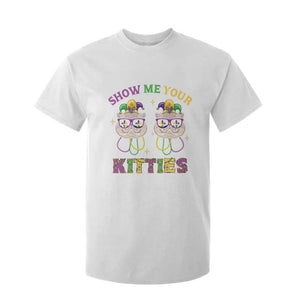 Mardi Gras T Shirt For Kid Show Me Your Kitties Cute Cat Masked Jester Hat Bead TS09 White Print Your Wear