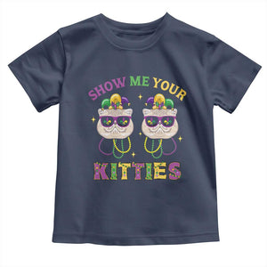 Mardi Gras Toddler T Shirt Show Me Your Kitties Cute Cat Masked Jester Hat Bead TS09 Navy Print Your Wear